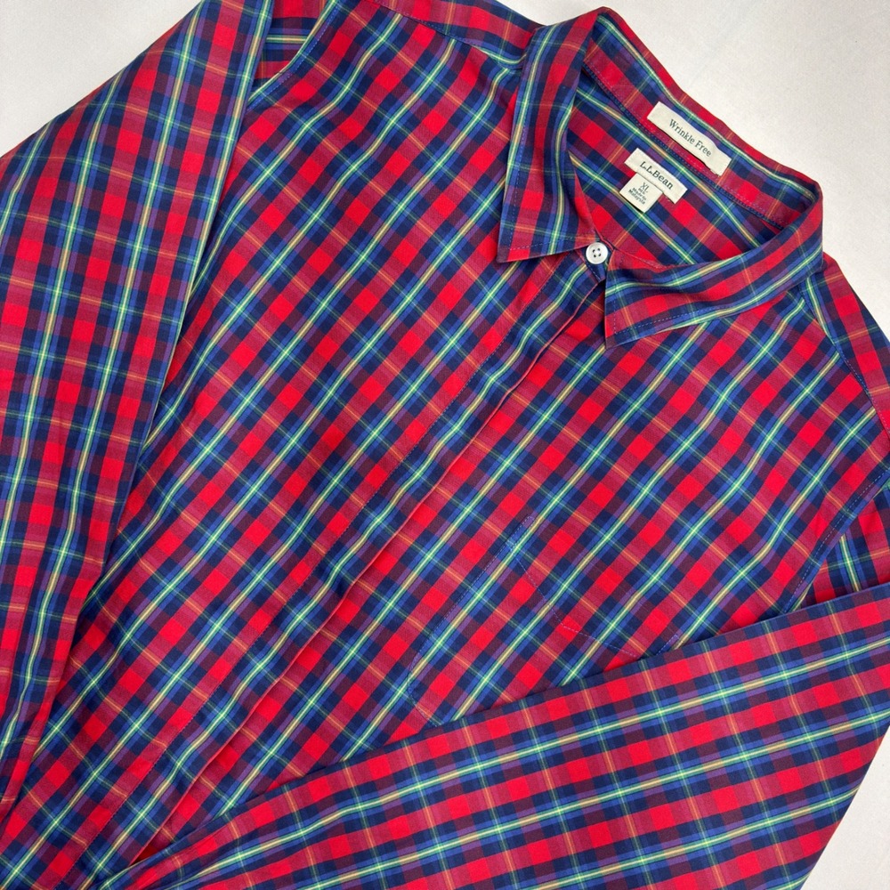 LL Bean Mens XL Red Blue Plaid Wrinkle Free Cotton Button Down Shirt 503451